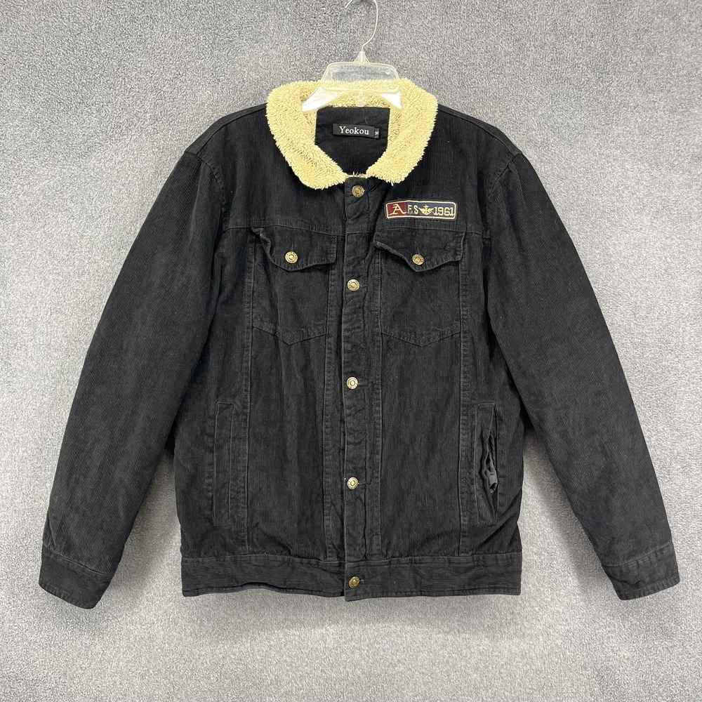 Yeokou Jacket Mens Medium Black Corduroy Sherpa Lined Trucker Fleece Collar